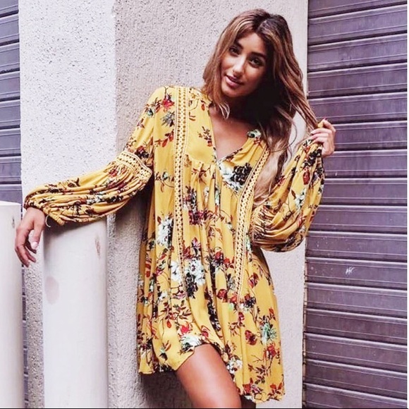 Yellow Boho Crochet Floral Long Sleeve Dress Top - Picture 2 of 7